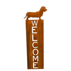 metalen decoratie welcome bord tuin met ruwharige teckel